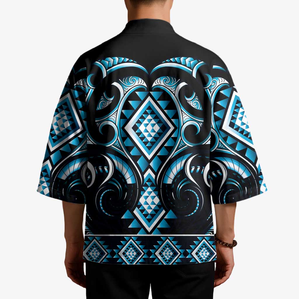 Blue Ngaru Taniko With Aotearoa Maori Tattoo Kimono - Aussie Hoodie