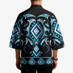 Blue Ngaru Taniko With Aotearoa Maori Tattoo Kimono - Aussie Hoodie