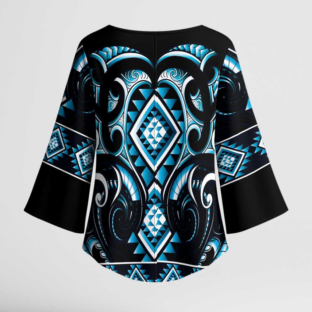 Blue Ngaru Taniko With Aotearoa Maori Tattoo Kimono Sleeve Blouse - Aussie Hoodie