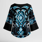 Blue Ngaru Taniko With Aotearoa Maori Tattoo Kimono Sleeve Blouse - Aussie Hoodie