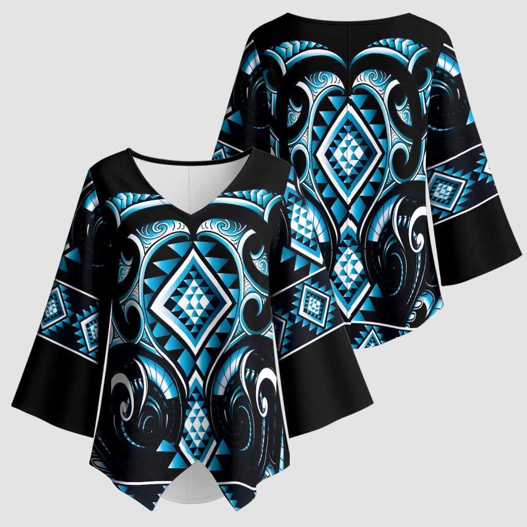 Blue Ngaru Taniko With Aotearoa Maori Tattoo Kimono Sleeve Blouse - Aussie Hoodie