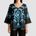 Blue Ngaru Taniko With Aotearoa Maori Tattoo Kimono Sleeve Blouse - Aussie Hoodie