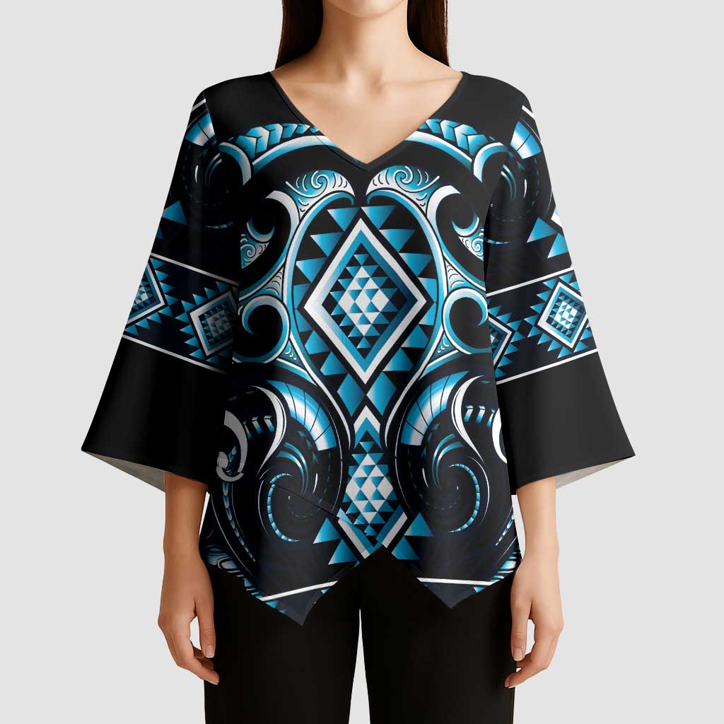 Blue Ngaru Taniko With Aotearoa Maori Tattoo Kimono Sleeve Blouse - Aussie Hoodie