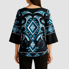 Blue Ngaru Taniko With Aotearoa Maori Tattoo Kimono Sleeve Blouse - Aussie Hoodie