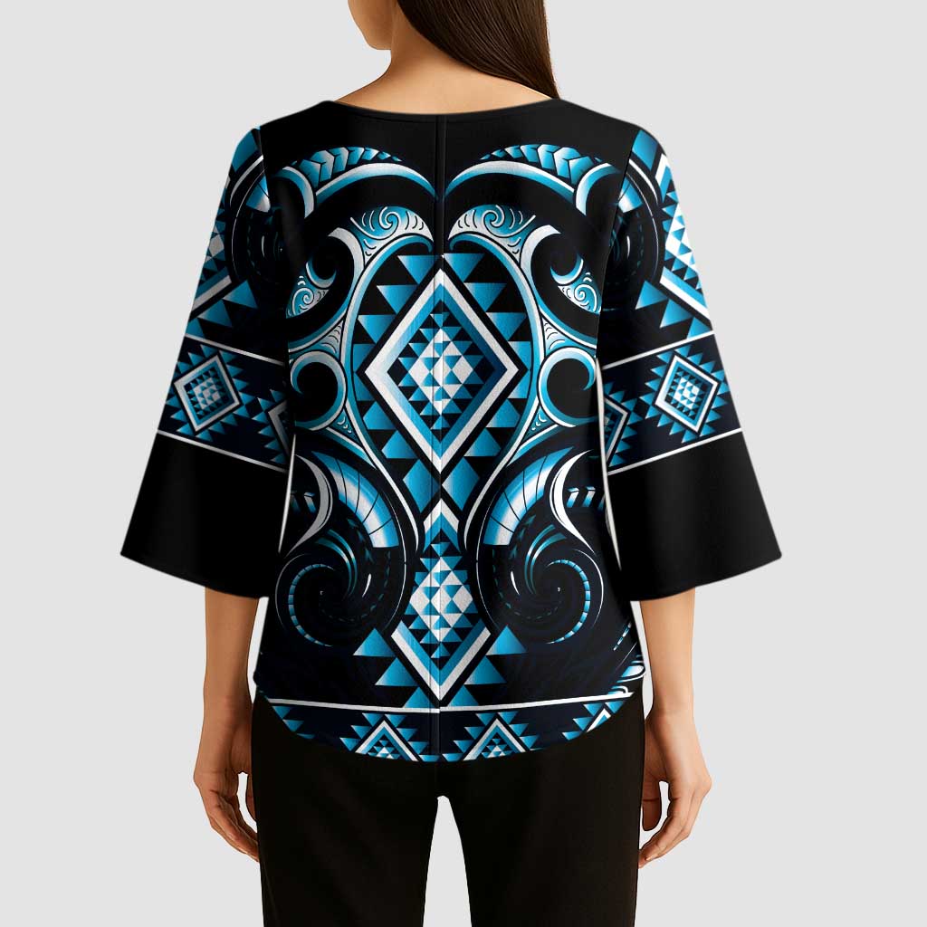 Blue Ngaru Taniko With Aotearoa Maori Tattoo Kimono Sleeve Blouse - Aussie Hoodie