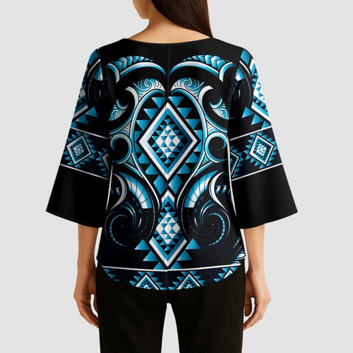 Blue Ngaru Taniko With Aotearoa Maori Tattoo Kimono Sleeve Blouse - Aussie Hoodie
