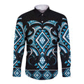 Blue Ngaru Taniko With Aotearoa Maori Tattoo Long Sleeve Button Shirt