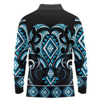 Blue Ngaru Taniko With Aotearoa Maori Tattoo Long Sleeve Polo Shirt