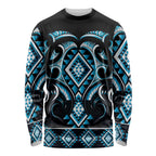 Blue Ngaru Taniko With Aotearoa Maori Tattoo Long Sleeve Shirt