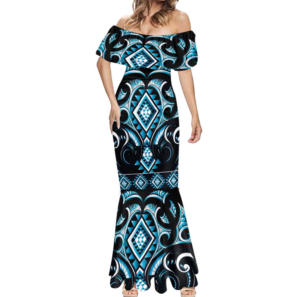 Blue Ngaru Taniko With Aotearoa Maori Tattoo Mermaid Dress