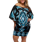 Blue Ngaru Taniko With Aotearoa Maori Tattoo Off Shoulder Short Dress