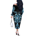 Blue Ngaru Taniko With Aotearoa Maori Tattoo Off The Shoulder Long Sleeve Dress