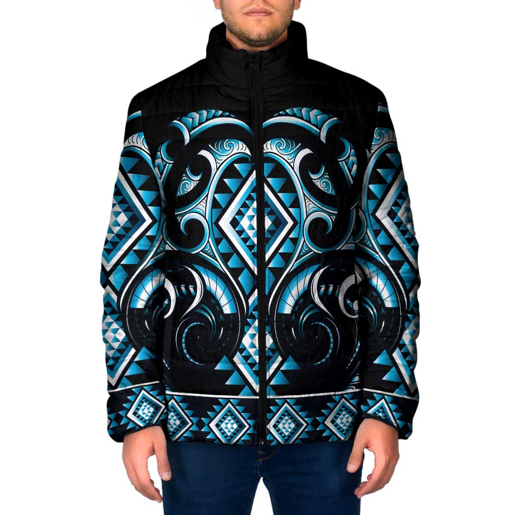 Blue Ngaru Taniko With Aotearoa Maori Tattoo Padded Jacket - Aussie Hoodie