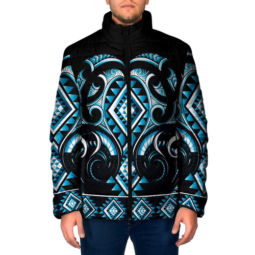 Blue Ngaru Taniko With Aotearoa Maori Tattoo Padded Jacket - Aussie Hoodie
