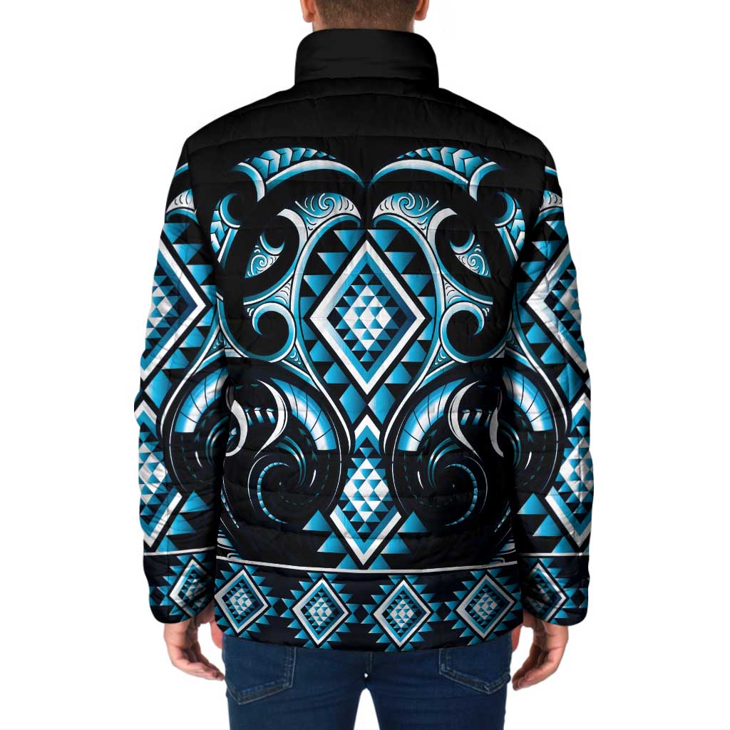 Blue Ngaru Taniko With Aotearoa Maori Tattoo Padded Jacket - Aussie Hoodie