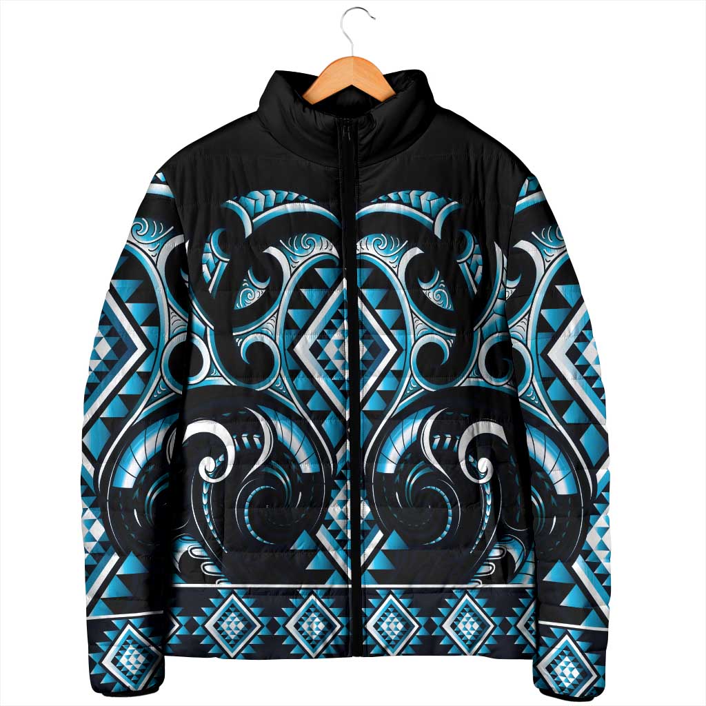 Blue Ngaru Taniko With Aotearoa Maori Tattoo Padded Jacket - Aussie Hoodie