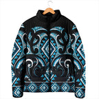 Blue Ngaru Taniko With Aotearoa Maori Tattoo Padded Jacket - Aussie Hoodie