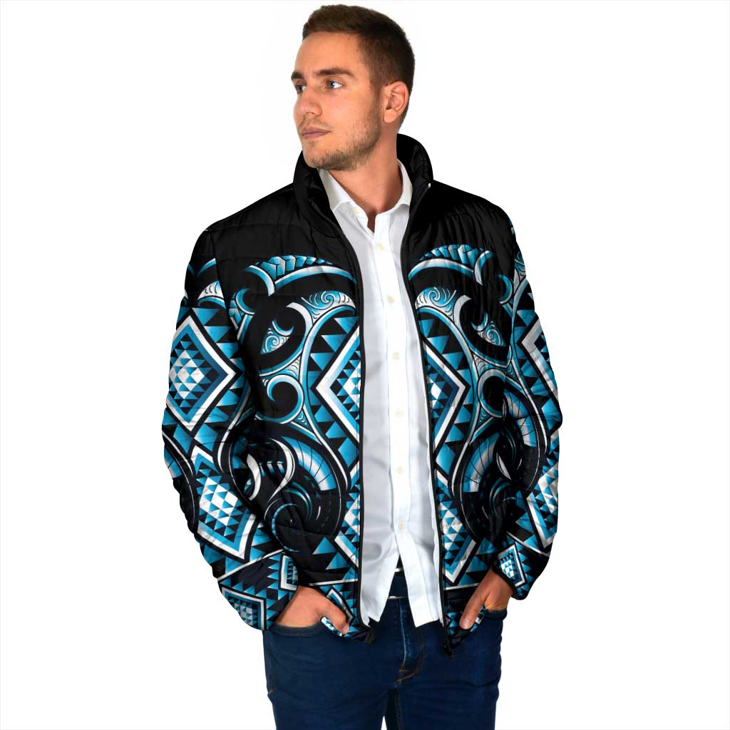 Blue Ngaru Taniko With Aotearoa Maori Tattoo Padded Jacket - Aussie Hoodie