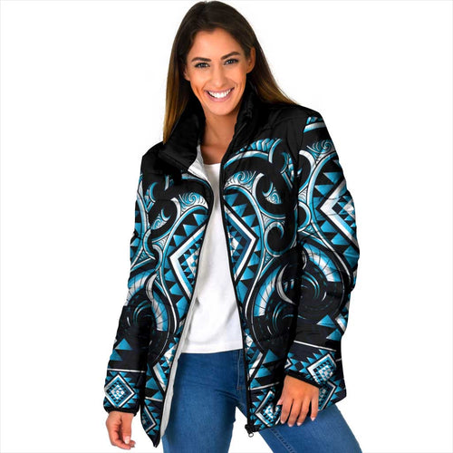 Blue Ngaru Taniko With Aotearoa Maori Tattoo Padded Jacket - Aussie Hoodie