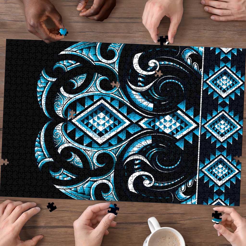 Blue Ngaru Taniko With Aotearoa Maori Tattoo Puzzle - Aussie Hoodie