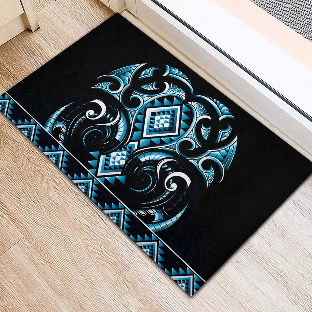 Blue Ngaru Taniko With Aotearoa Maori Tattoo Rubber Doormat