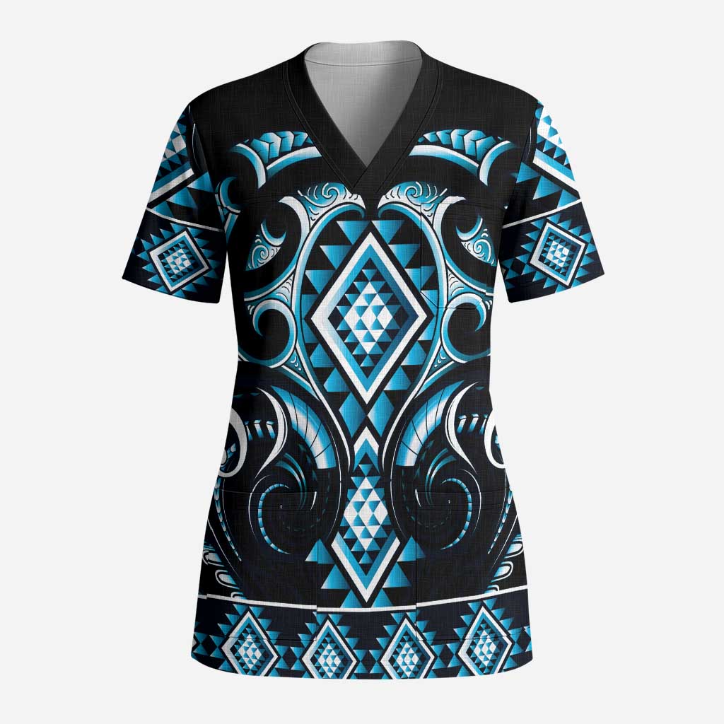 Blue Ngaru Taniko With Aotearoa Maori Tattoo Scrub Top - Aussie Hoodie