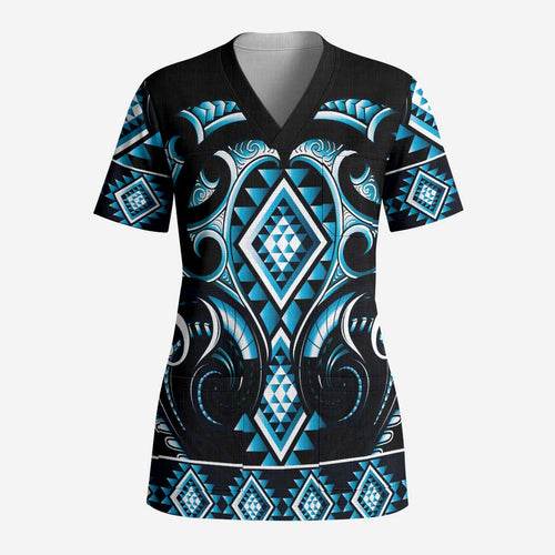 Blue Ngaru Taniko With Aotearoa Maori Tattoo Scrub Top - Aussie Hoodie