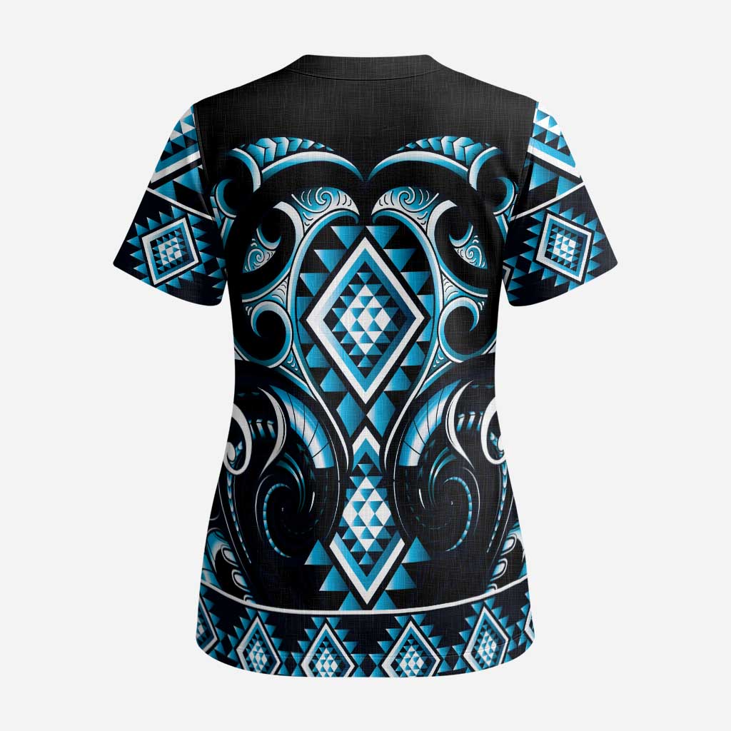 Blue Ngaru Taniko With Aotearoa Maori Tattoo Scrub Top - Aussie Hoodie