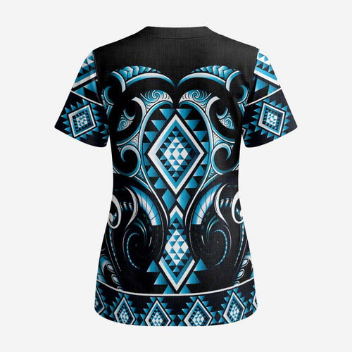 Blue Ngaru Taniko With Aotearoa Maori Tattoo Scrub Top - Aussie Hoodie