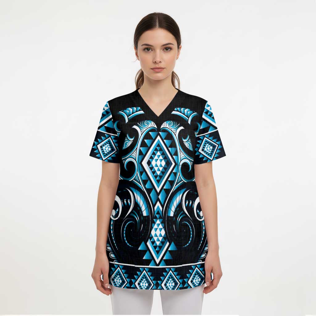 Blue Ngaru Taniko With Aotearoa Maori Tattoo Scrub Top - Aussie Hoodie
