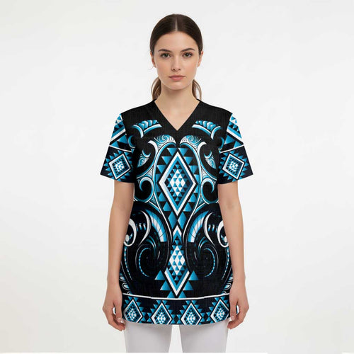 Blue Ngaru Taniko With Aotearoa Maori Tattoo Scrub Top - Aussie Hoodie