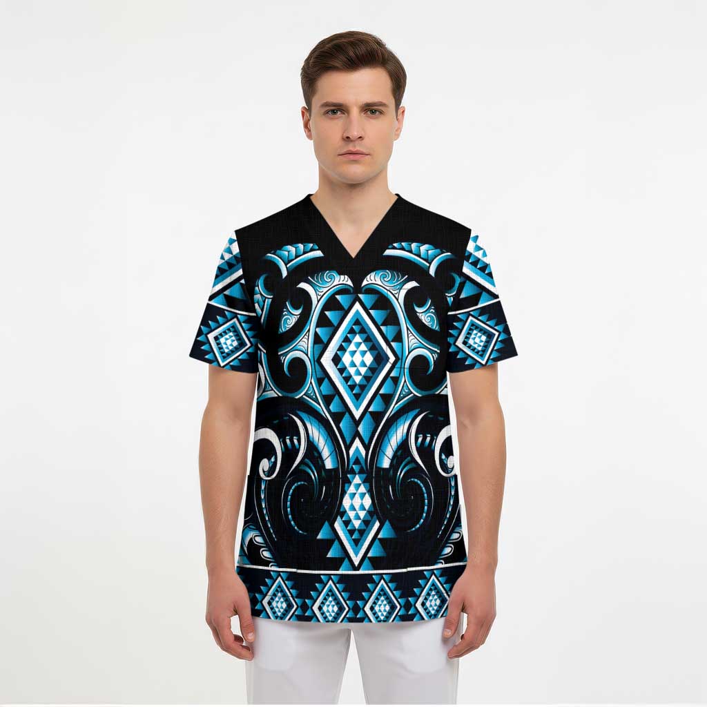 Blue Ngaru Taniko With Aotearoa Maori Tattoo Scrub Top - Aussie Hoodie