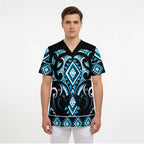 Blue Ngaru Taniko With Aotearoa Maori Tattoo Scrub Top - Aussie Hoodie