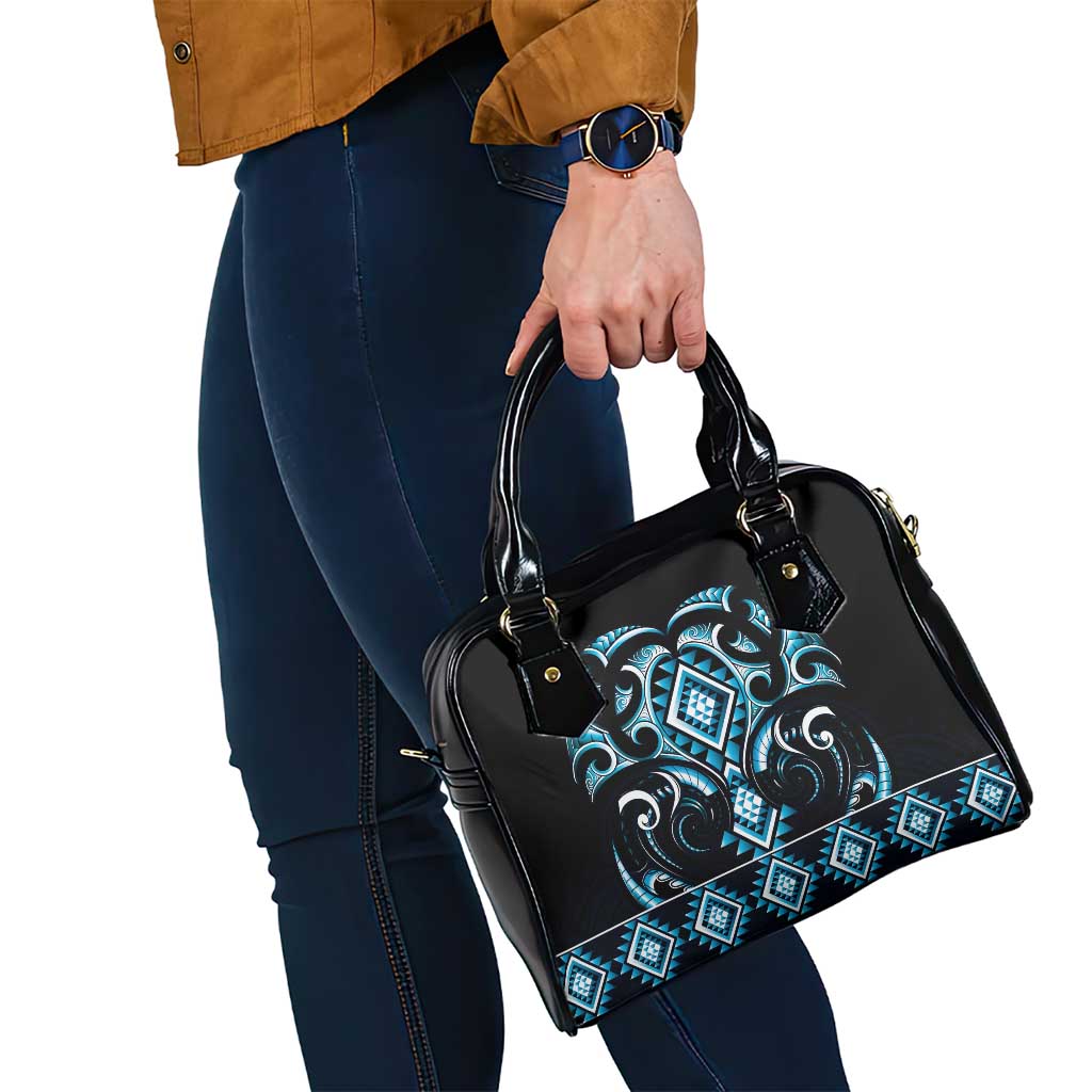 Blue Ngaru Taniko With Aotearoa Maori Tattoo Shoulder Handbag