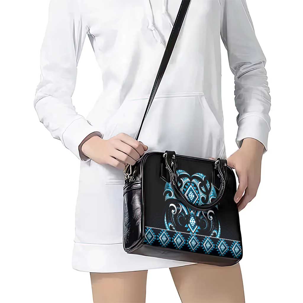Blue Ngaru Taniko With Aotearoa Maori Tattoo Shoulder Handbag