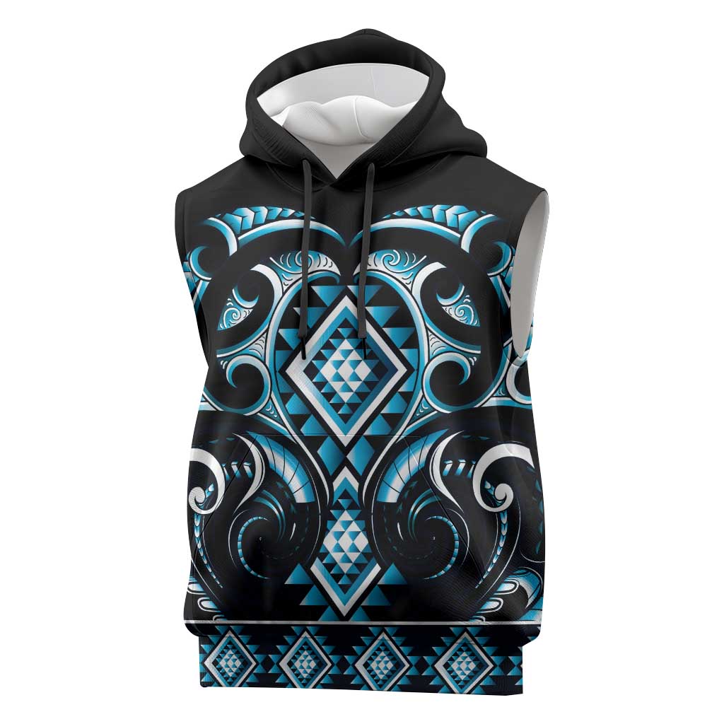 Blue Ngaru Taniko With Aotearoa Maori Tattoo Sleeveless Hoodie - Aussie Hoodie
