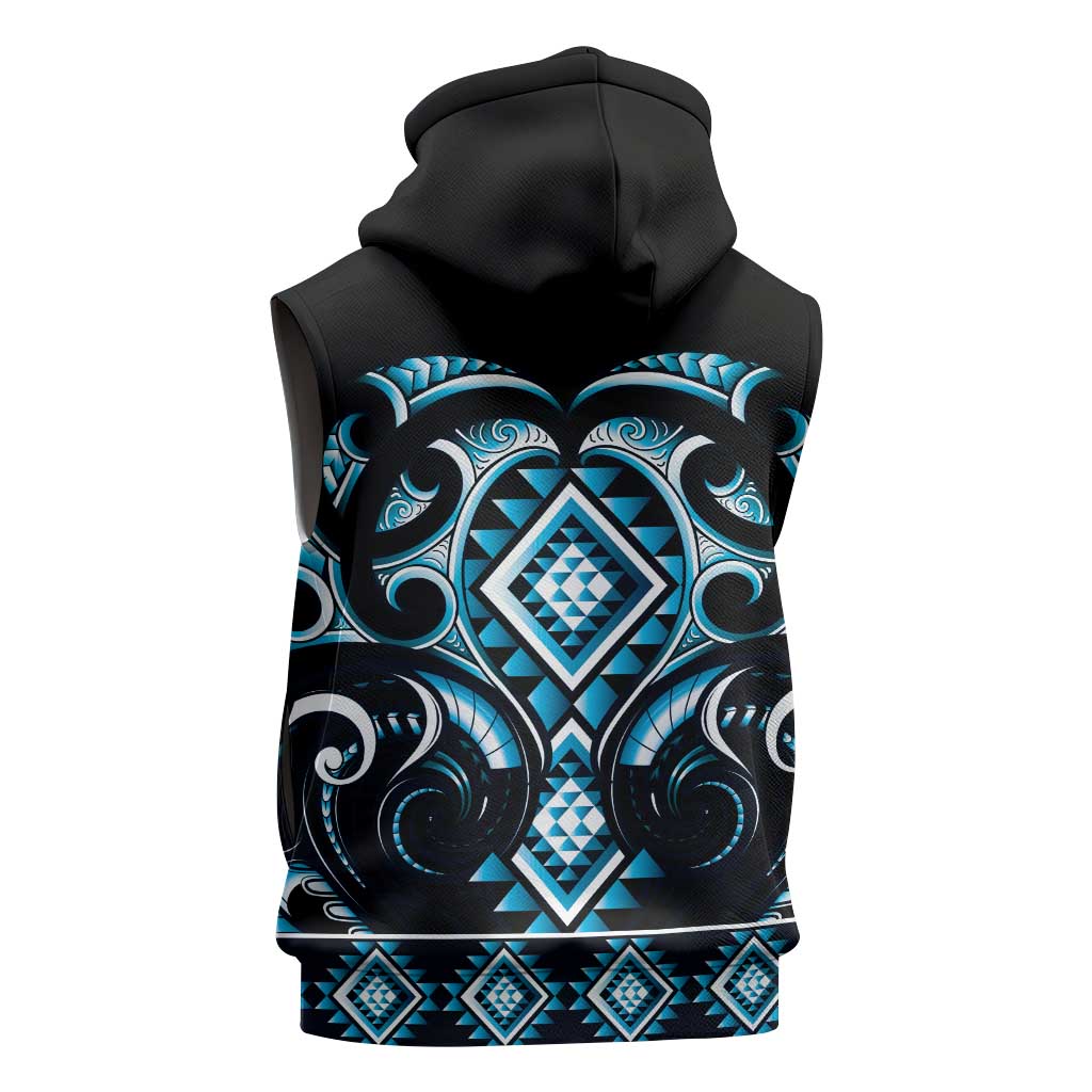 Blue Ngaru Taniko With Aotearoa Maori Tattoo Sleeveless Hoodie - Aussie Hoodie