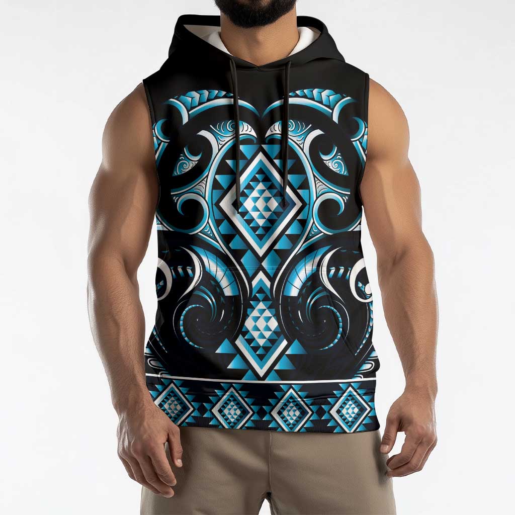 Blue Ngaru Taniko With Aotearoa Maori Tattoo Sleeveless Hoodie - Aussie Hoodie