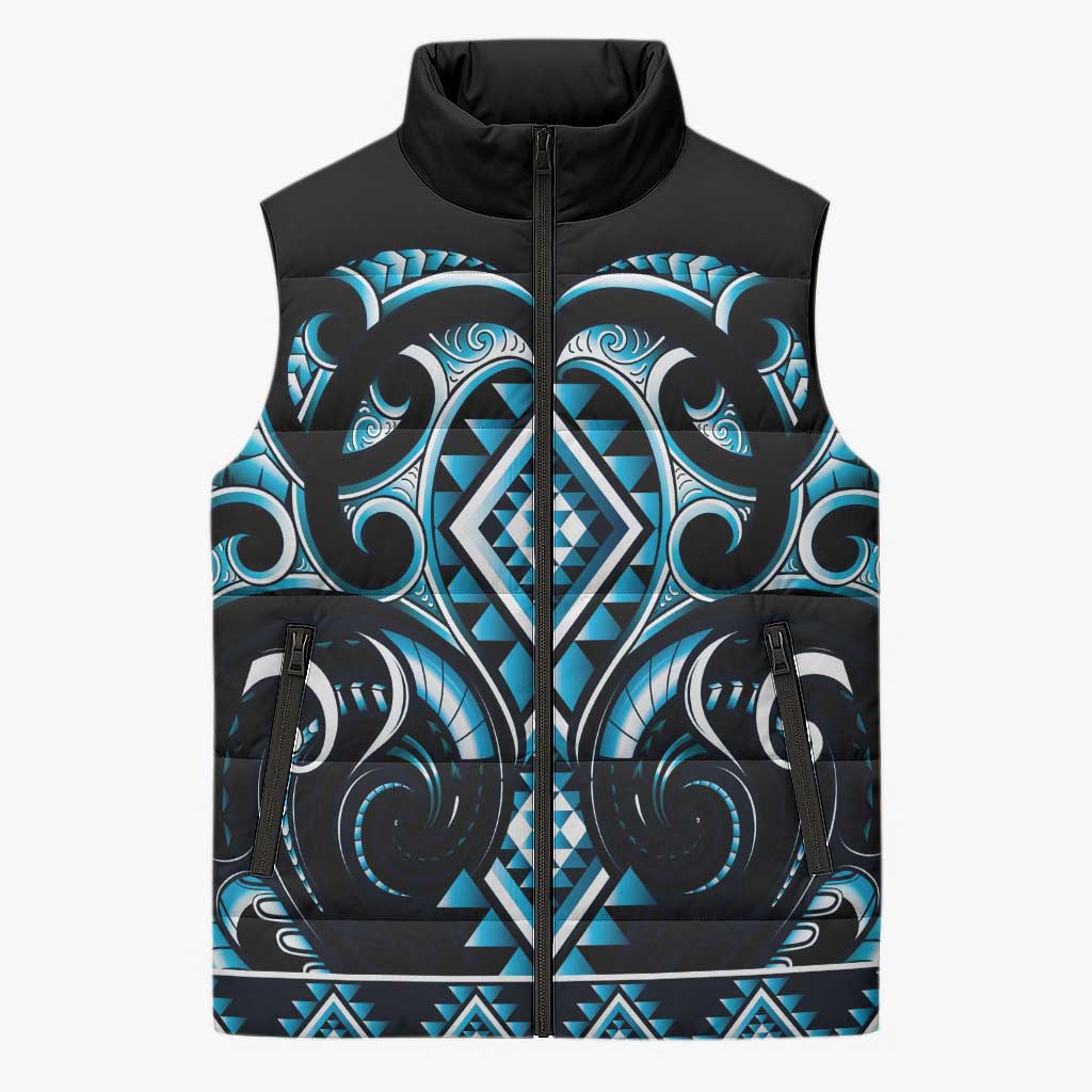 Blue Ngaru Taniko With Aotearoa Maori Tattoo Sleeveless Puffer Jacket - Aussie Hoodie