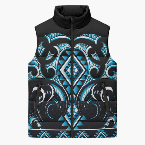 Blue Ngaru Taniko With Aotearoa Maori Tattoo Sleeveless Puffer Jacket - Aussie Hoodie