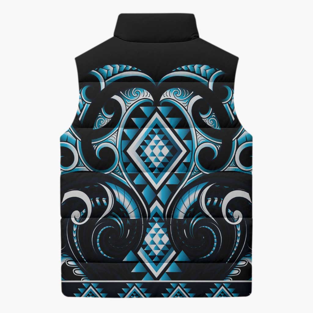 Blue Ngaru Taniko With Aotearoa Maori Tattoo Sleeveless Puffer Jacket - Aussie Hoodie