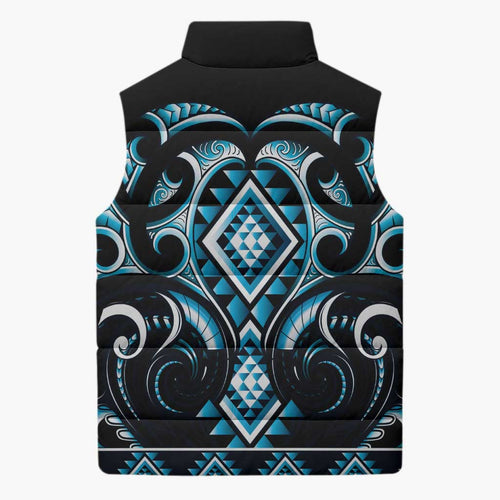 Blue Ngaru Taniko With Aotearoa Maori Tattoo Sleeveless Puffer Jacket - Aussie Hoodie