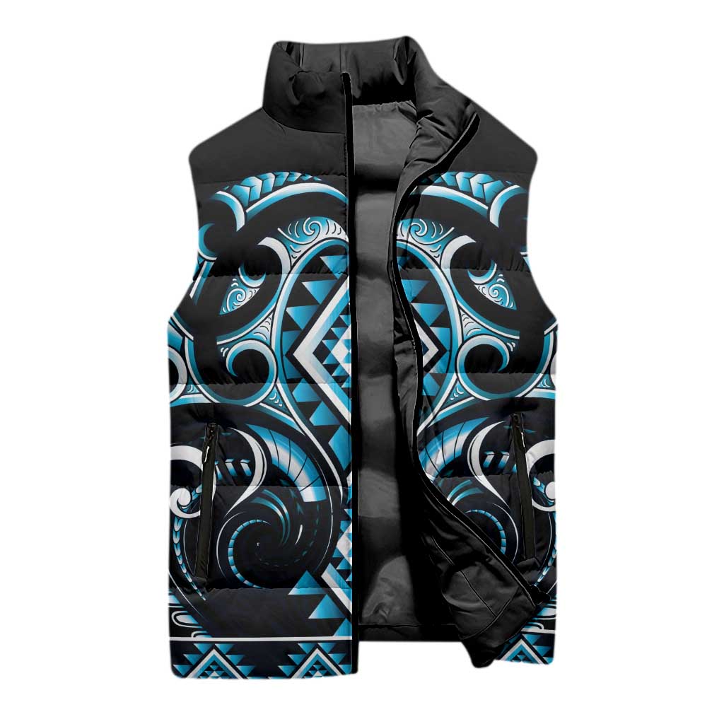 Blue Ngaru Taniko With Aotearoa Maori Tattoo Sleeveless Puffer Jacket - Aussie Hoodie