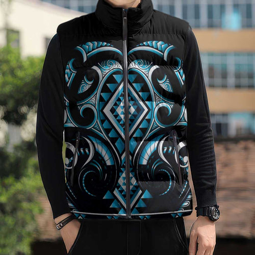 Blue Ngaru Taniko With Aotearoa Maori Tattoo Sleeveless Puffer Jacket - Aussie Hoodie