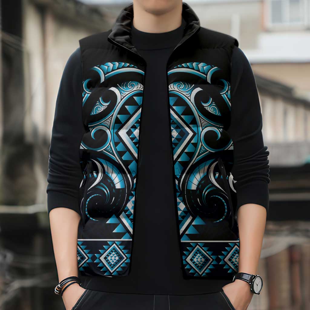 Blue Ngaru Taniko With Aotearoa Maori Tattoo Sleeveless Puffer Jacket - Aussie Hoodie