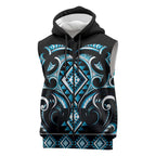 Blue Ngaru Taniko With Aotearoa Maori Tattoo Sleeveless Zip Hoodie LT14