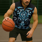 Blue Ngaru Taniko With Aotearoa Maori Tattoo Sleeveless Zip Hoodie LT14