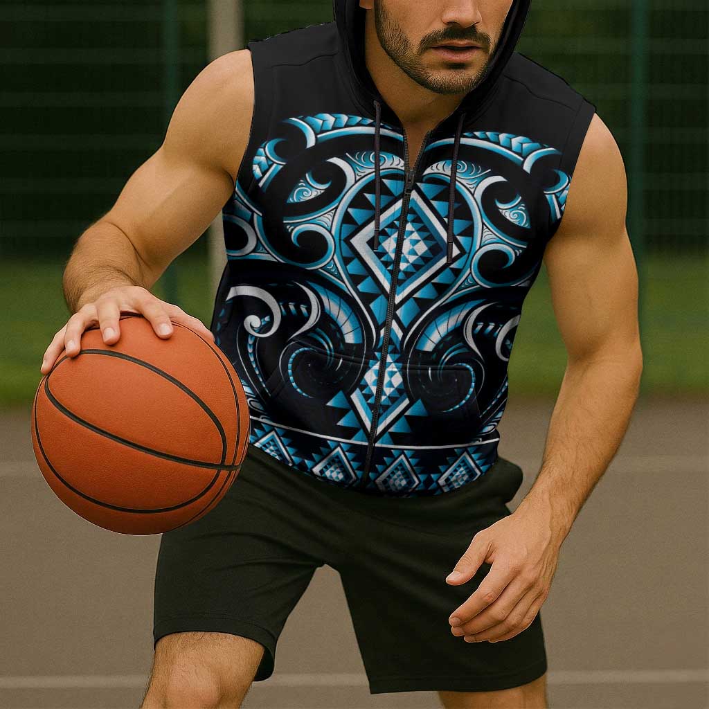 Blue Ngaru Taniko With Aotearoa Maori Tattoo Sleeveless Zip Hoodie LT14