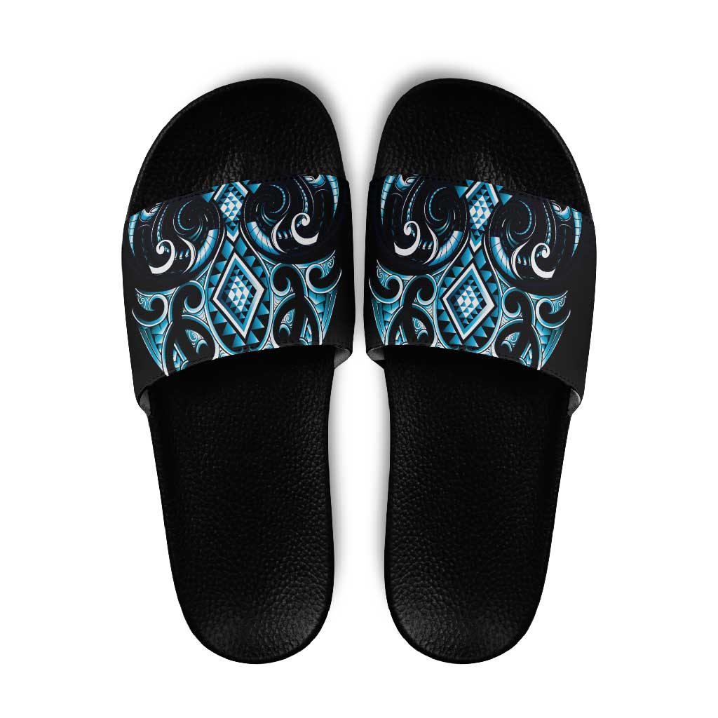 Blue Ngaru Taniko With Aotearoa Maori Tattoo Slide Sandals - Aussie Hoodie