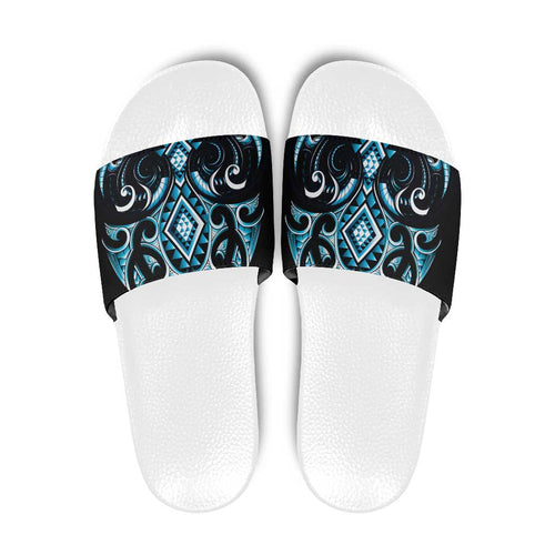Blue Ngaru Taniko With Aotearoa Maori Tattoo Slide Sandals - Aussie Hoodie